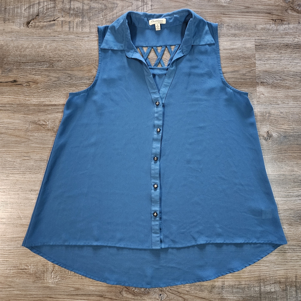 Y2K Chocolate U.S.A. Blue Sheer Button Down Sleeveless Flowy Top
